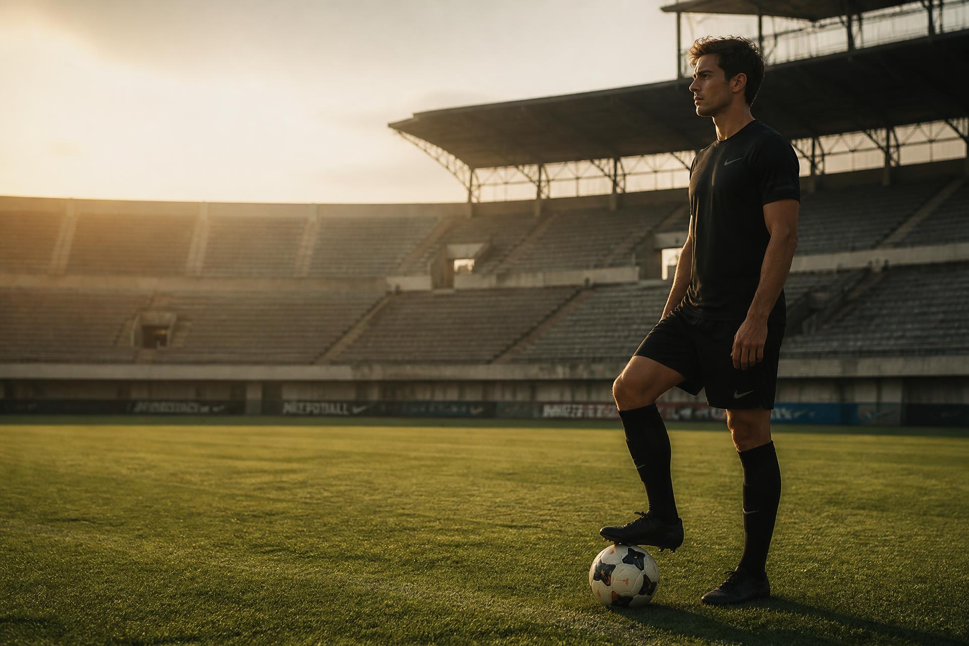 Futbolista en el estadio al atardecer
